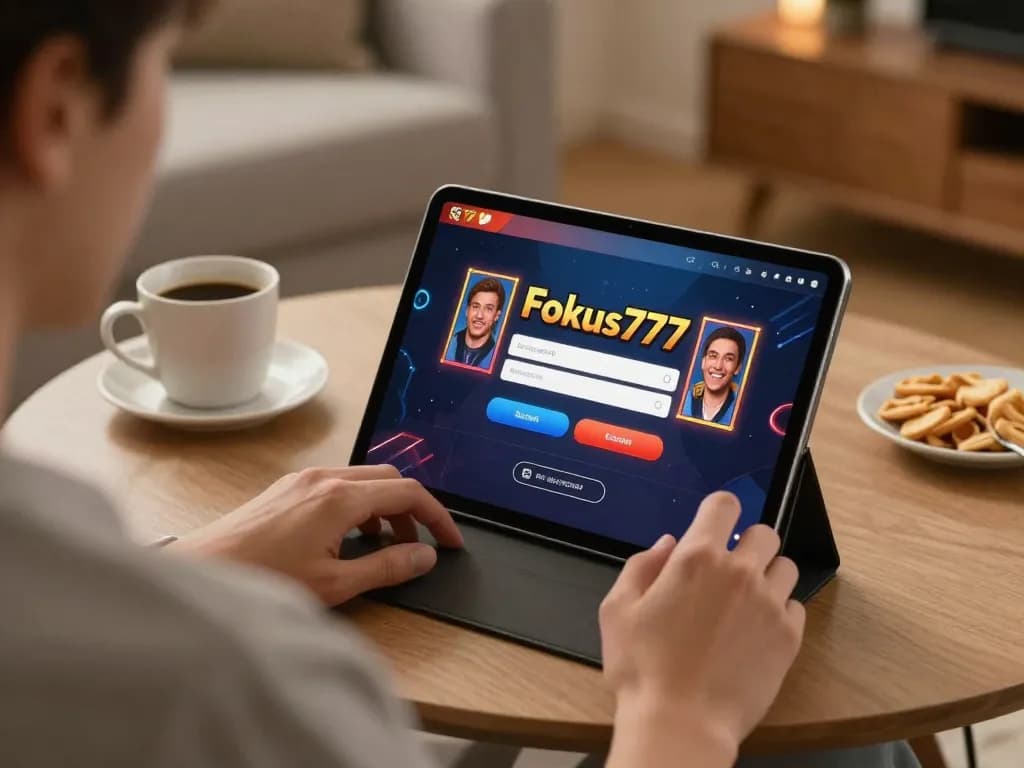 Engaging in Fokus777 login for online slot games with a cozy home setting and vibrant tablet interface