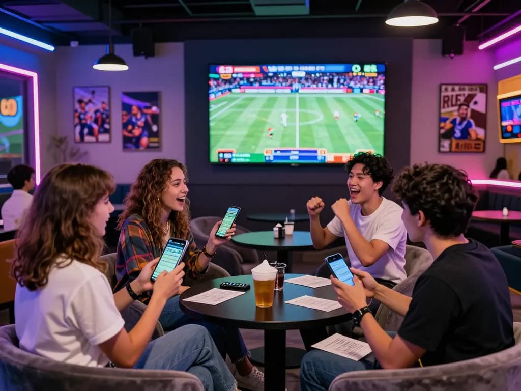 Friends enjoying live sports betting on SBOBET in a vibrant lounge.