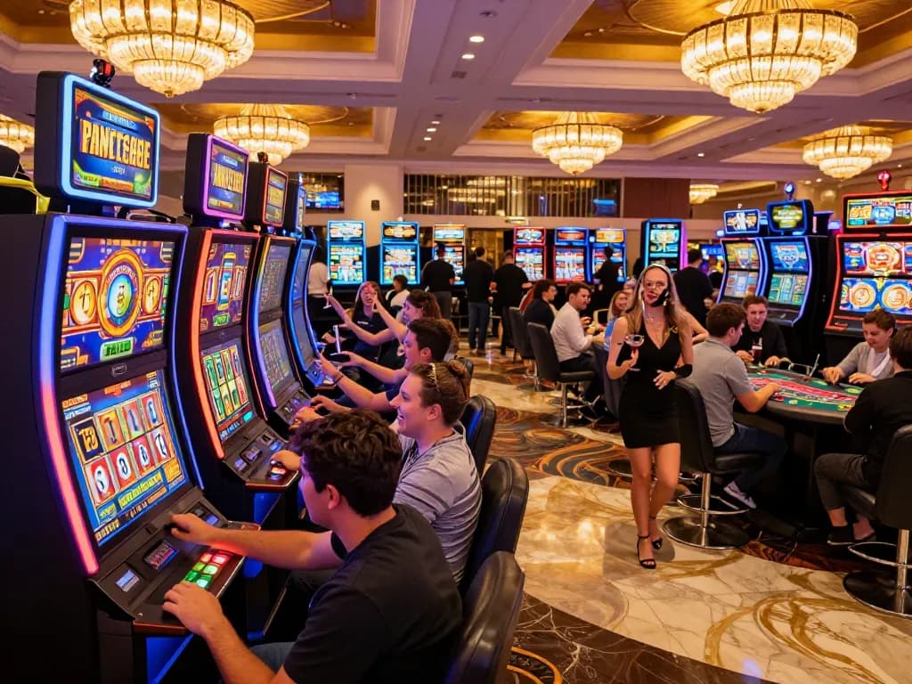 Players experiencing excitement at colorful slot machines while engaging with kdslot game dynamics