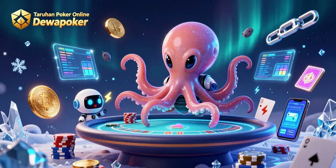 Engage in Taruhan Poker Online Dewapoker with an ultra-detailed 3D scene featuring a vibrant poker table and space elements.