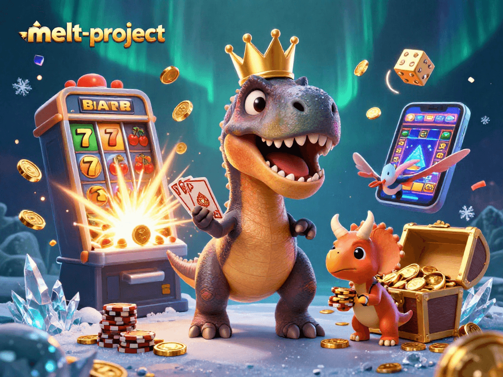Engage with melt-project while a T-Rex deals cards and a pterodactyl assists at a vibrant casino scene.