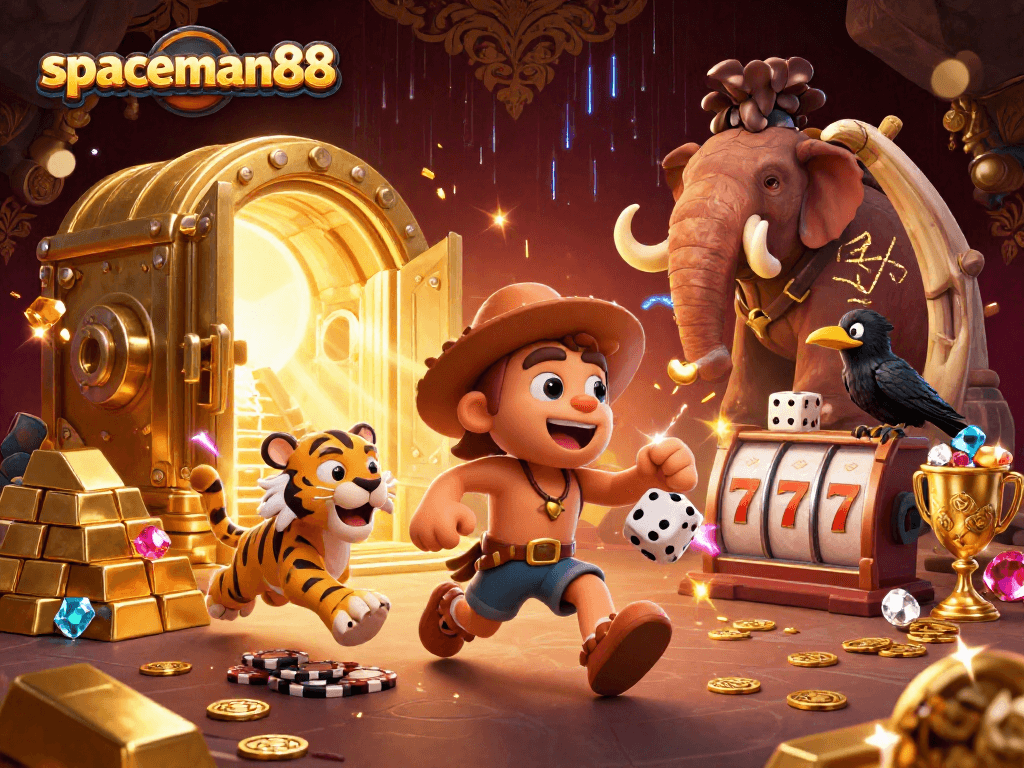 spaceman88 captivates the thrill of gaming at a casino with colorful treasures and characters