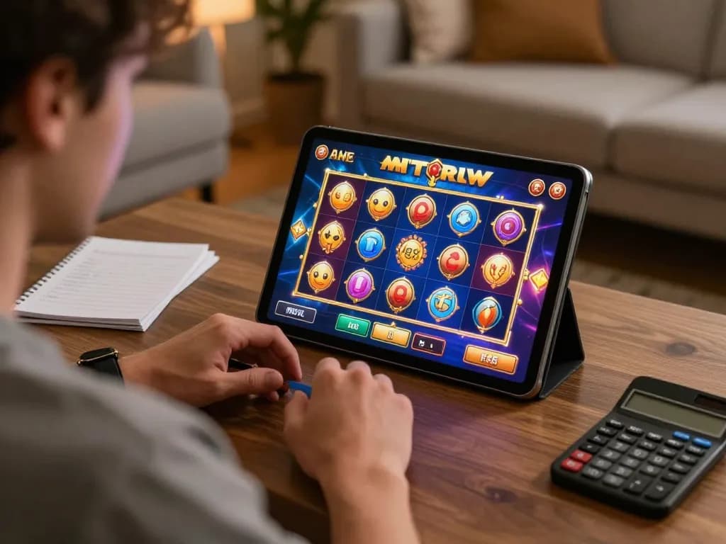 Engaged player enjoying iWin slot game on tablet with strategic notes nearby in cozy home.