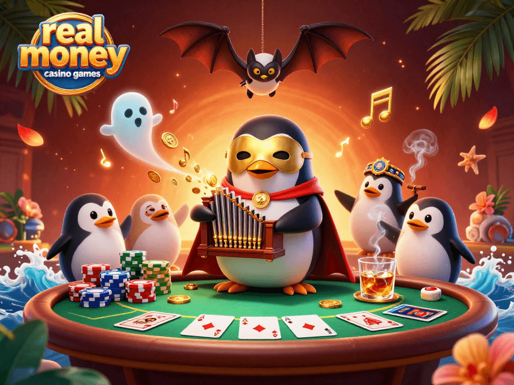 Experience thrilling real money casino games with a penguin playing organ and rich poker elements.