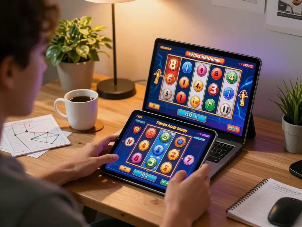 Engaging in online slot bonus gaming on a tablet in a cozy home office setting