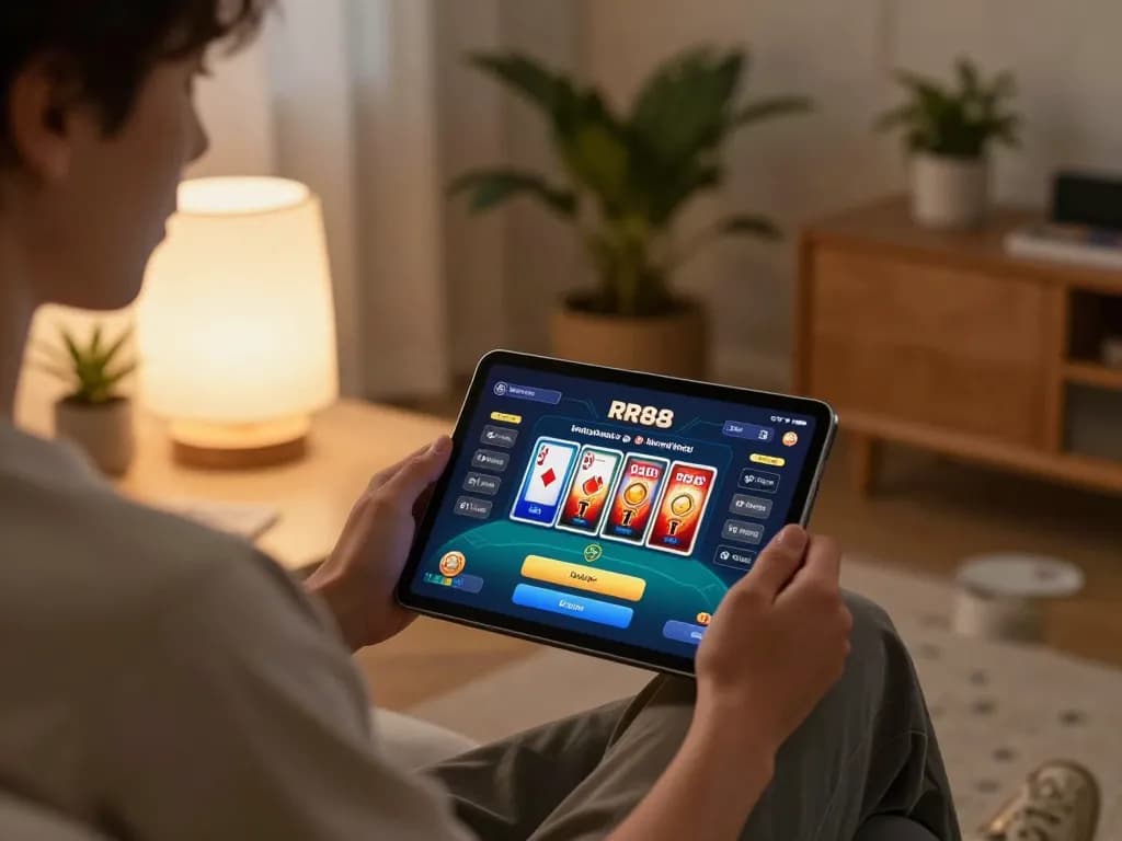 Engaging online gaming scene showcasing a player enjoying RR88 on a tablet in a cozy home