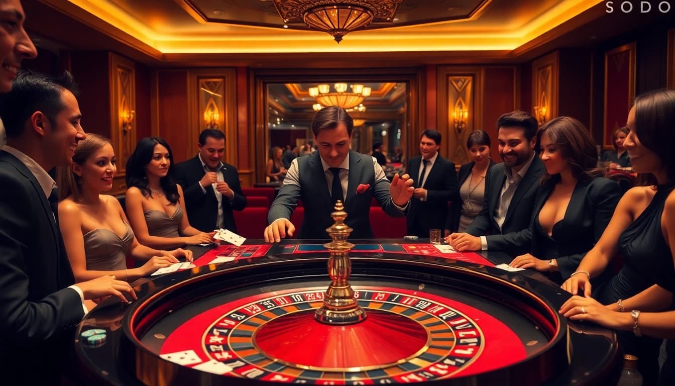 SODO casino players engaging in an exciting roulette game with vibrant chips and atmosphere.