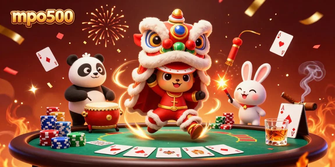 Experience excitement with mpo500 through a vibrant 3D casino scene featuring dynamic characters and poker elements.