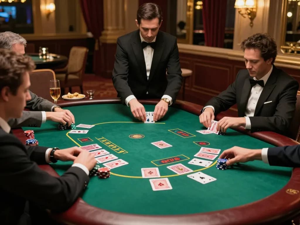 Players engaged in a thrilling Blackjack game at MPOID's premium casino tables, showcasing intense concentration.