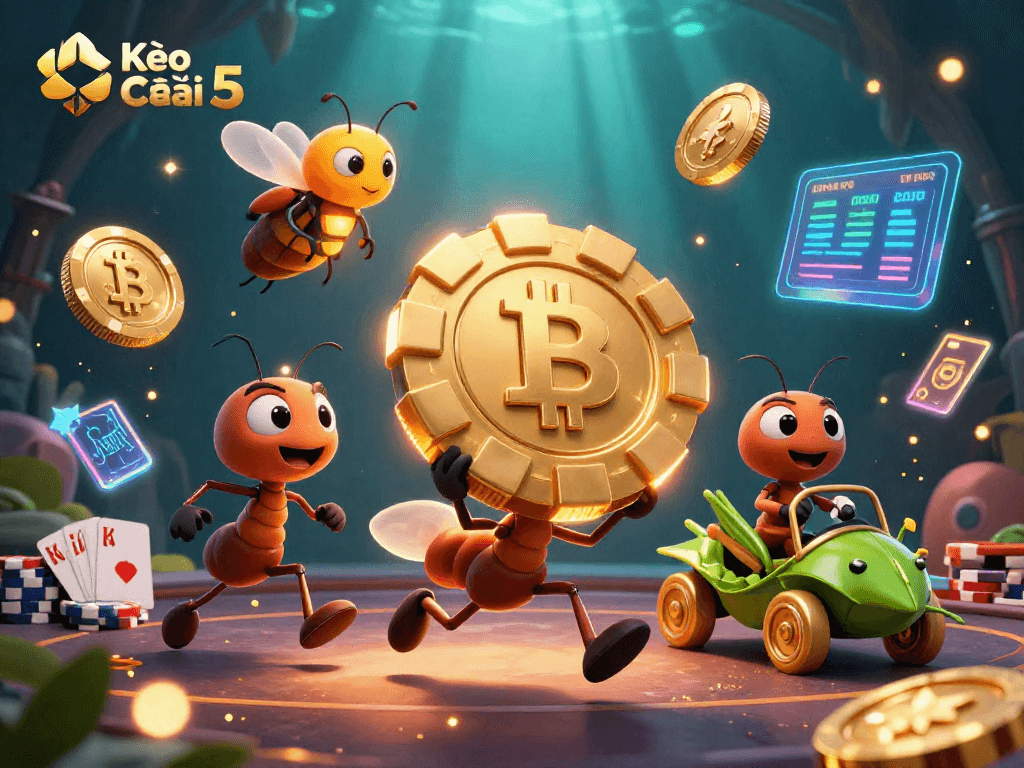 Experience Kèo Nhà Cái 5 with a thrilling heist by cartoon ants amid glowing crypto elements.