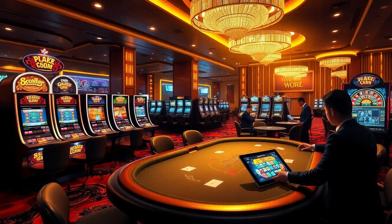 Gamblers enjoying the excitement of 88aa gaming with vibrant slot machines and poker tables.