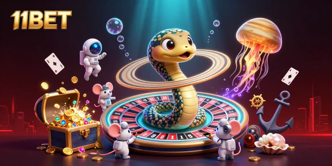 Experience thrilling betting adventures at 11BET with 3D cartoon elements in a vibrant casino-themed illustration.
