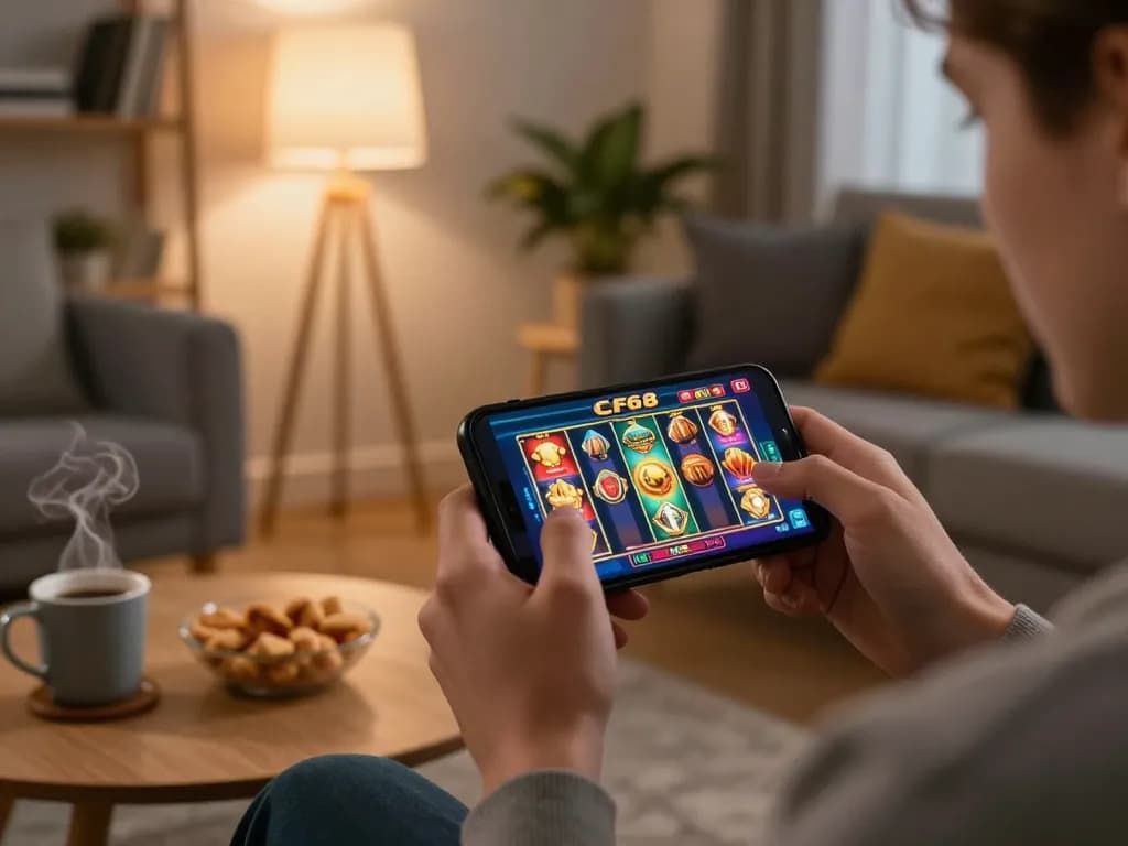 Engaging with CF68 online slot game in a cozy home setting
