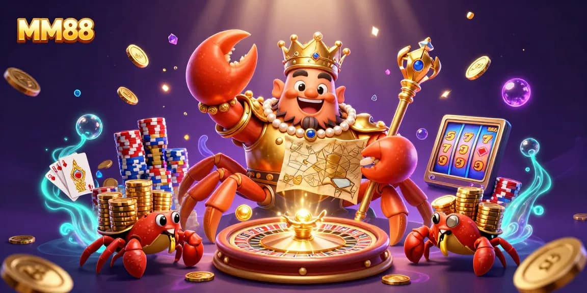 Join the adventure at MM88 with a golden crab emperor ruling the vibrant online casino.