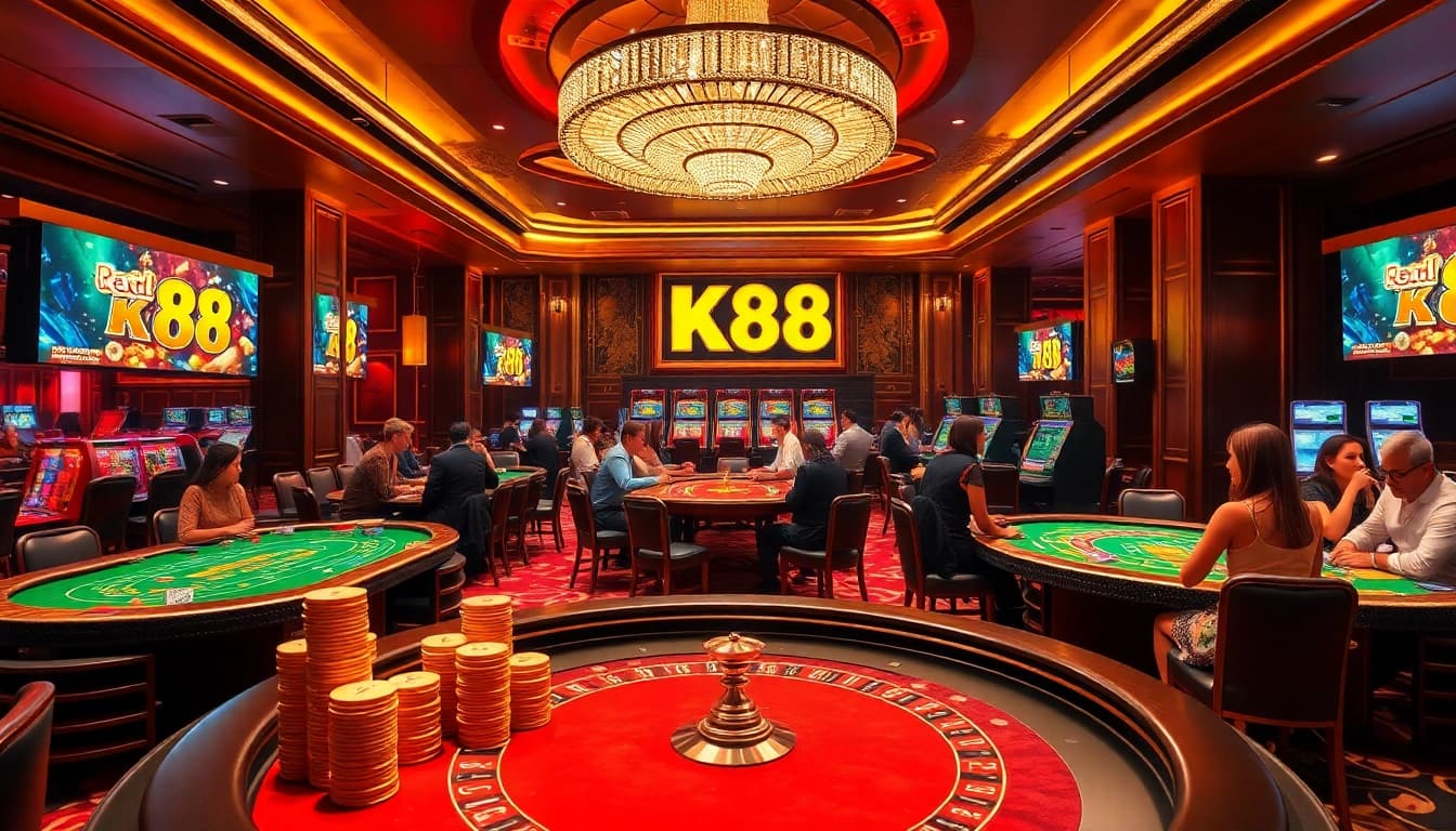 K88 gaming area featuring vibrant casino tables, excited players, and luxurious decor.