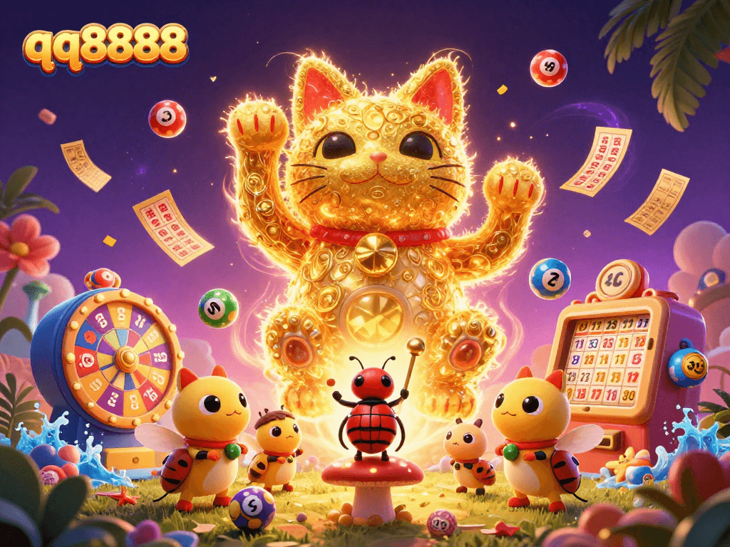 Engage with the thrilling world of qq8888, featuring a giant lucky cat surrounded by colorful casino elements and vibrant prizes.