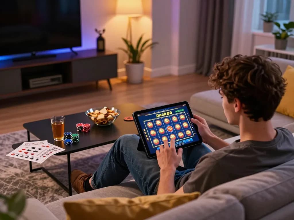 Player enjoying online slots at dash88 from a cozy home setup, engaging with gaming interface.