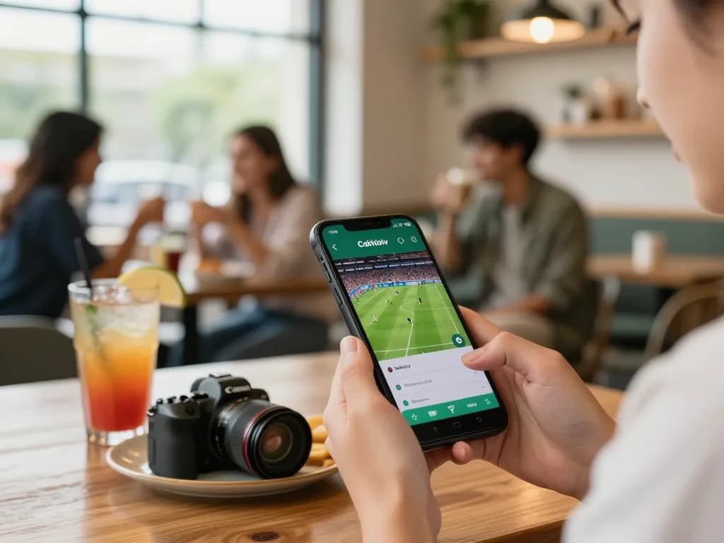 Cakhiatv user enjoying live football on mobile app at trendy café, capturing exciting sports betting moment.