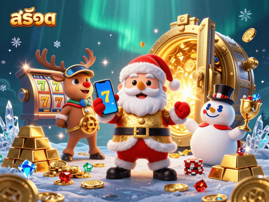 Spin the สล็อต with Santa, reindeer dealer, and a chip-hat snowman in a dynamic casino scene.