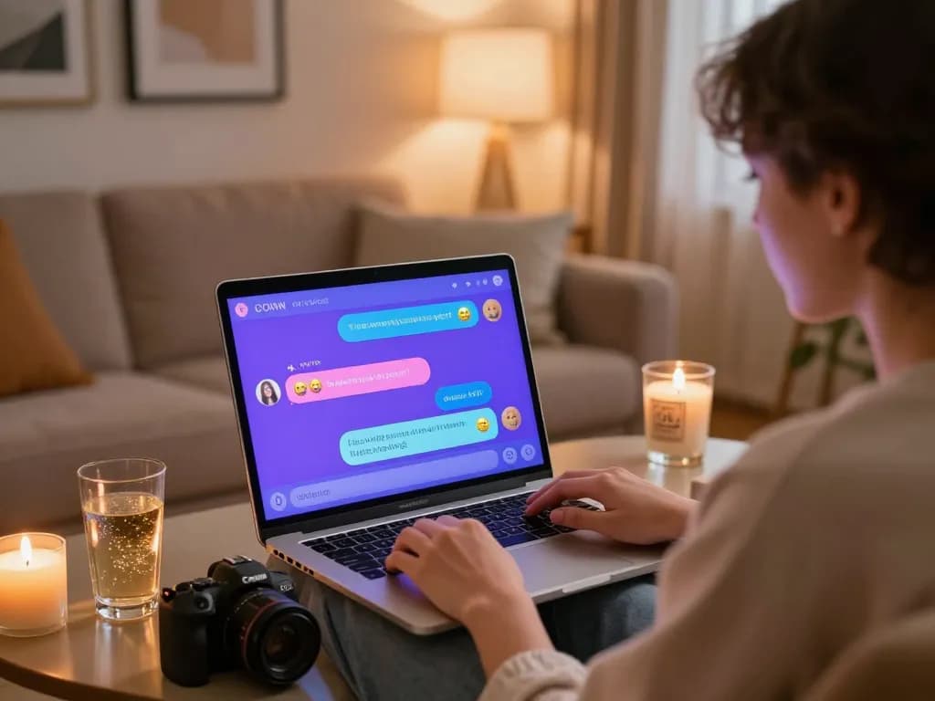 Engaging ai sex chat experience with a user in a cozy setting, showcasing colorful chat dialogue.