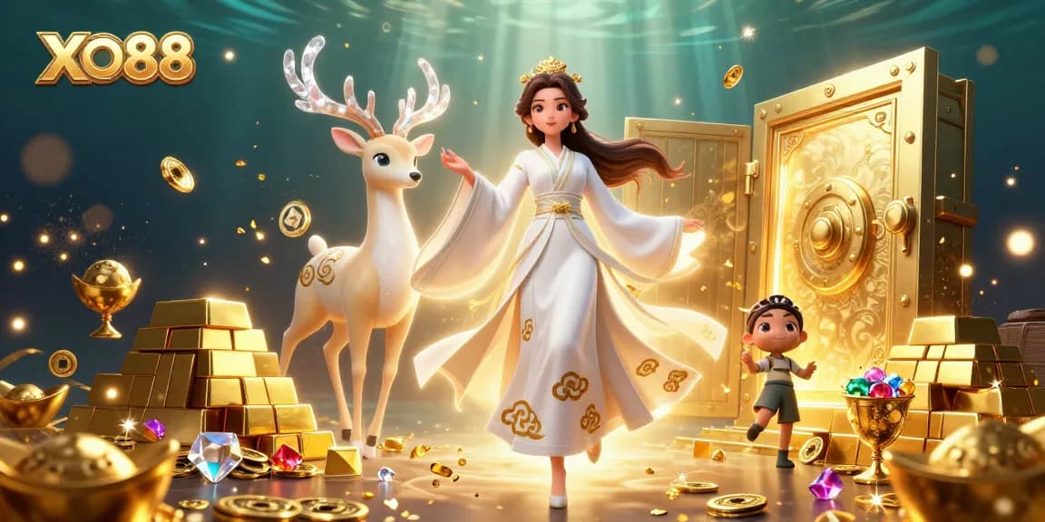 Engage in thrilling wins with XO88's vibrant treasure-filled casino scene featuring dynamic elements.