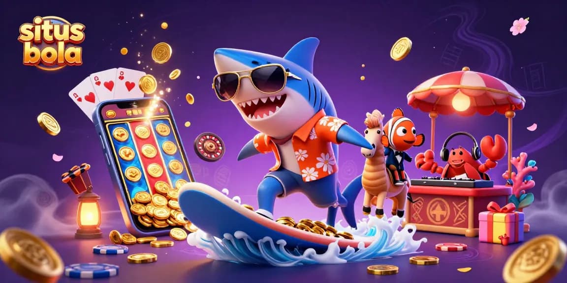 Experience excitement at situs bola with a vibrant 3D illustration featuring casino characters and dynamic gaming elements.