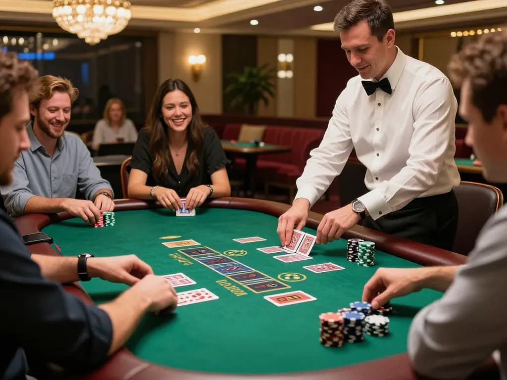 ku88 players placing bets at an exciting blackjack table in a vibrant casino setting