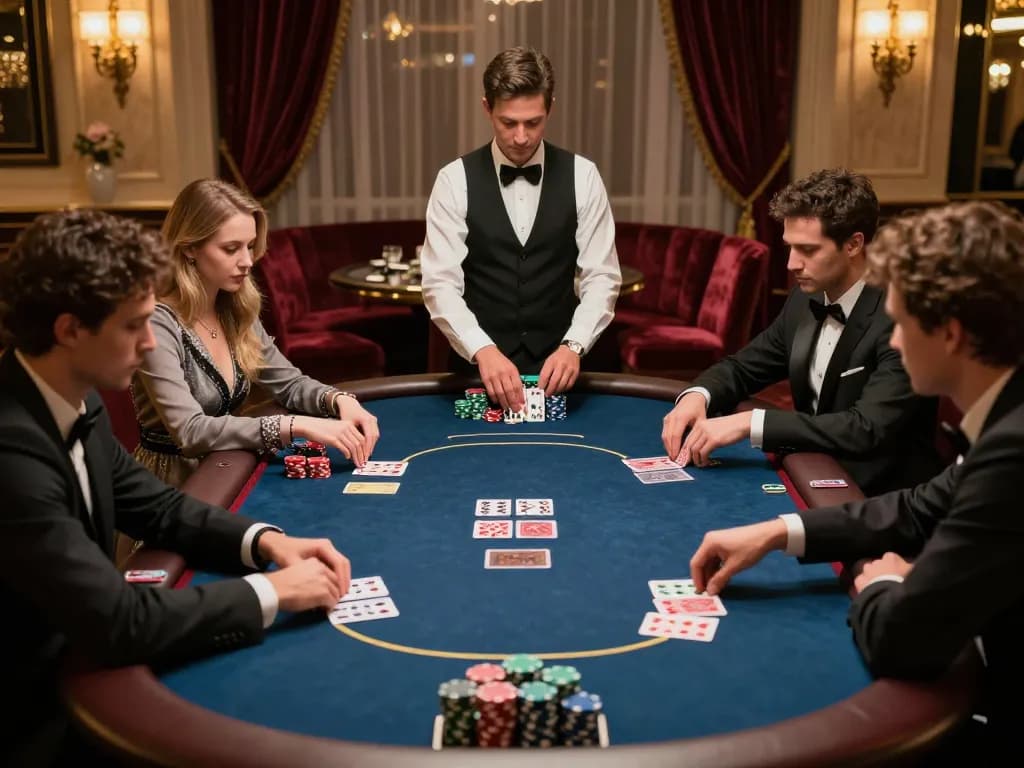 G28TV players enjoying strategic poker gameplay at an exclusive casino table amidst luxurious decor