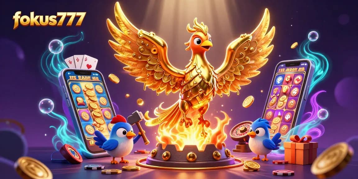 Experience thrilling wins with fokus777 in a vibrant casino scene, featuring a golden phoenix and dynamic gaming elements.