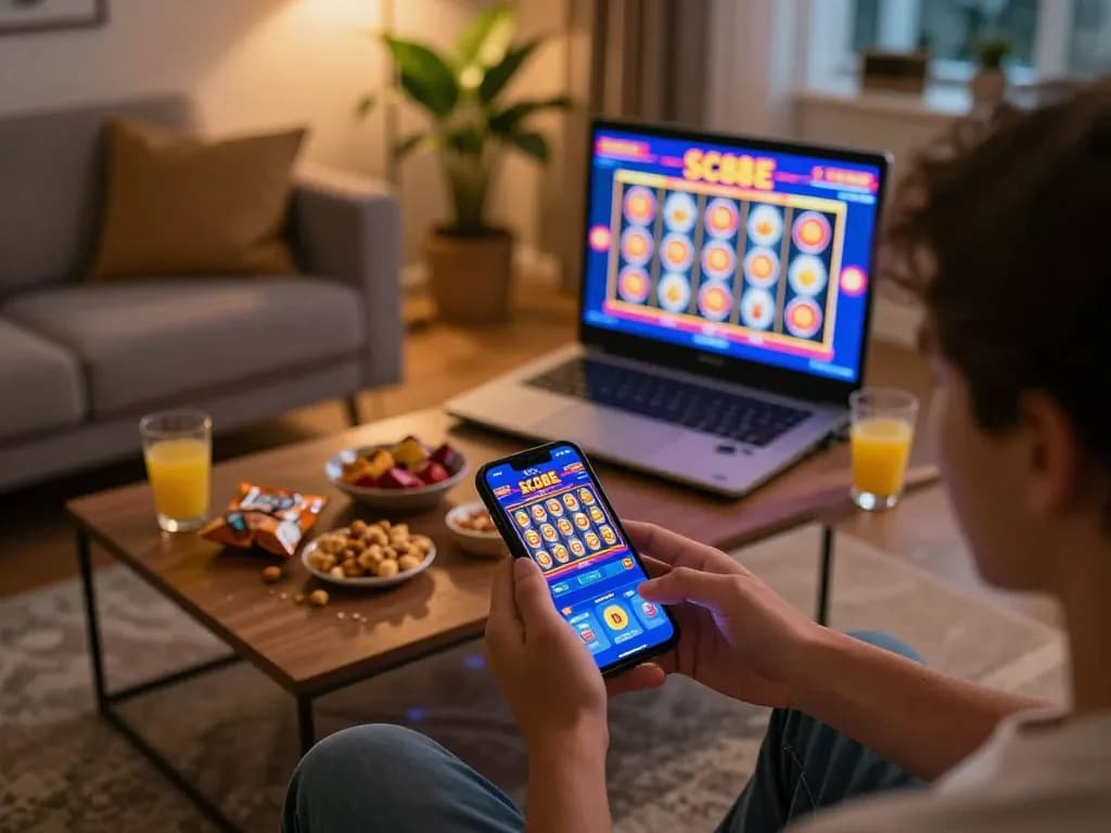 Engaging in online slots via the SC88E app with a cozy home setup.