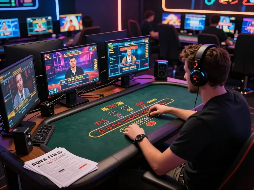 Player immersed in dynamic online casino games at https://rr888.shopping/, engaging with live dealer blackjack, showcasing modern gaming setup.