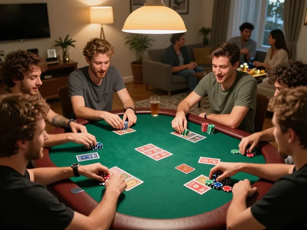 Players engaging in an exciting poker game at home, showcasing n188vip competitive spirit and social interaction.