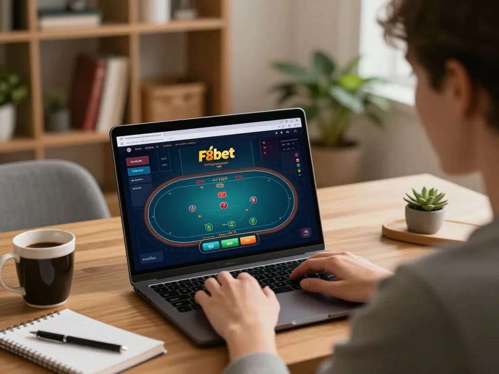 Player focusing on winning strategies in F8bet online poker game from home.