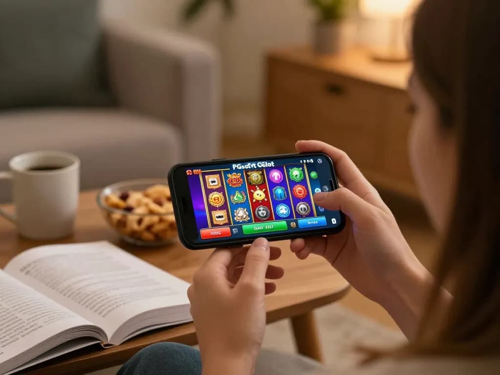 Engaging with PGSLOT IN mobile gaming app on smartphone, showcasing vibrant slot graphics and comfortable home setting