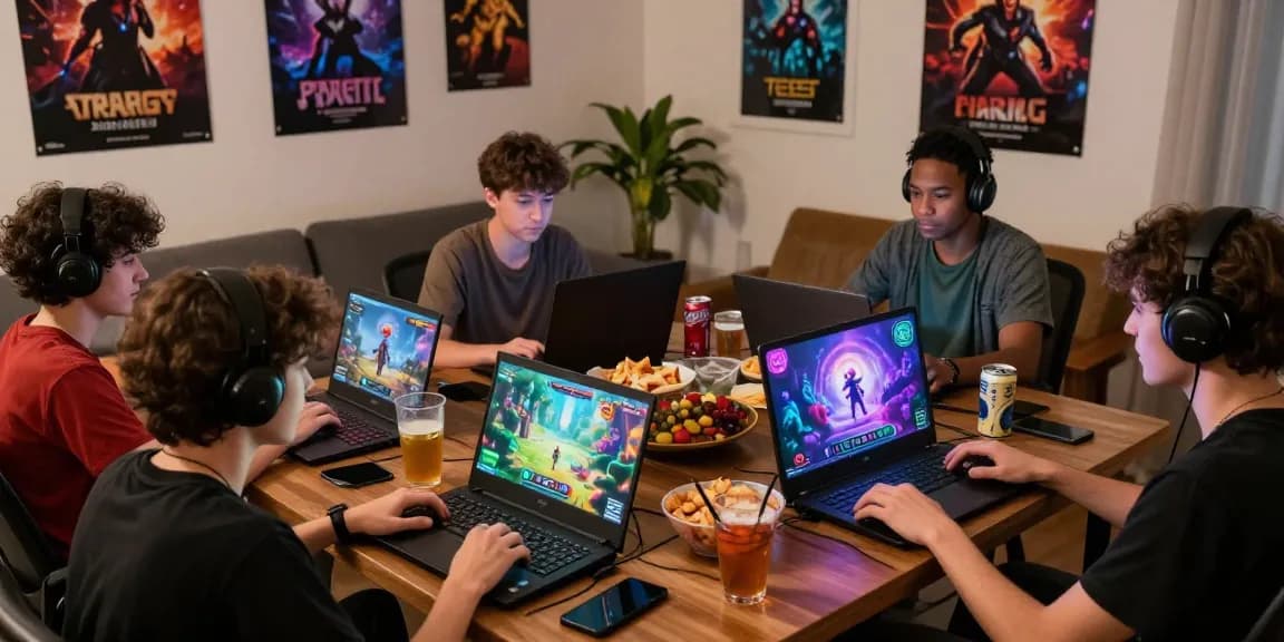 Mind control porn gaming scene with players enjoying immersive experiences on laptops and mobile devices in a cozy atmosphere.