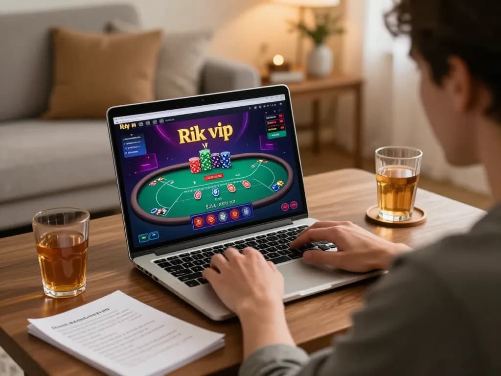 Engaged player exploring online rik vip gaming on laptop, showcasing strategic betting.