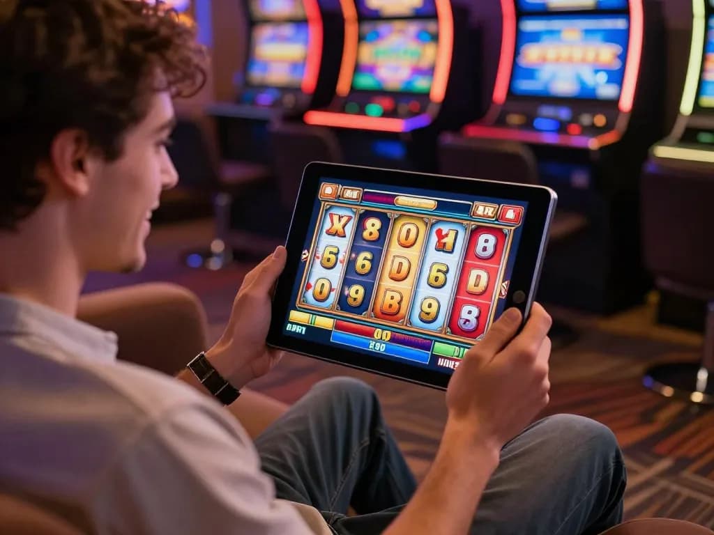 Pemain PANDWIN menikmati permainan slot online yang mendebarkan di tablet dalam suasana rumah yang nyaman.