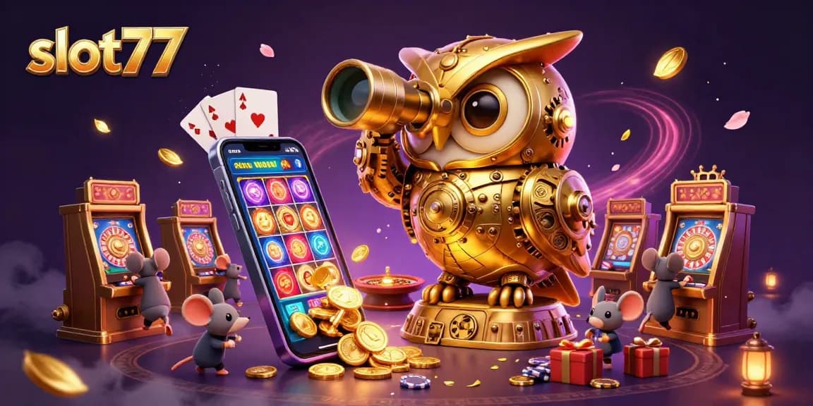 Spin the reels of slot77 while a golden owl oversees the vibrant casino floor.