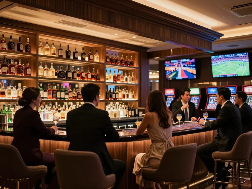 Sipping cocktails at the stylish casino bar while discussing SIN88 betting strategies, vibrant ambiance adds to the excitement.
