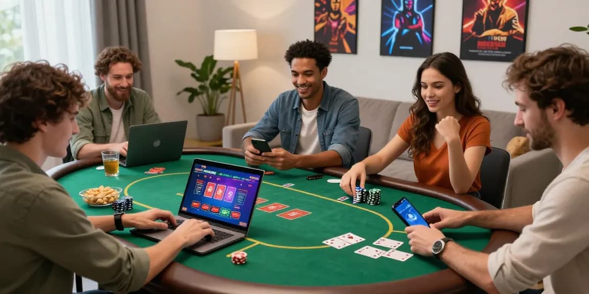 Friends enjoying poker on laptops at the best casinos for credit cards, showcasing a vibrant gaming atmosphere.
