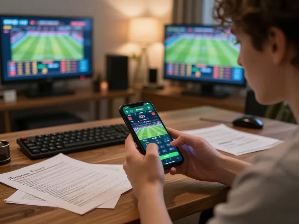 TR88 user making strategic sports bets using a smartphone in a cozy home setting.