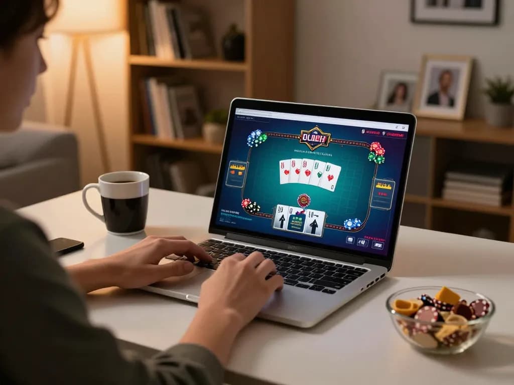 Engaged player strategizing in f8beta2 online poker session on cozy home setup.