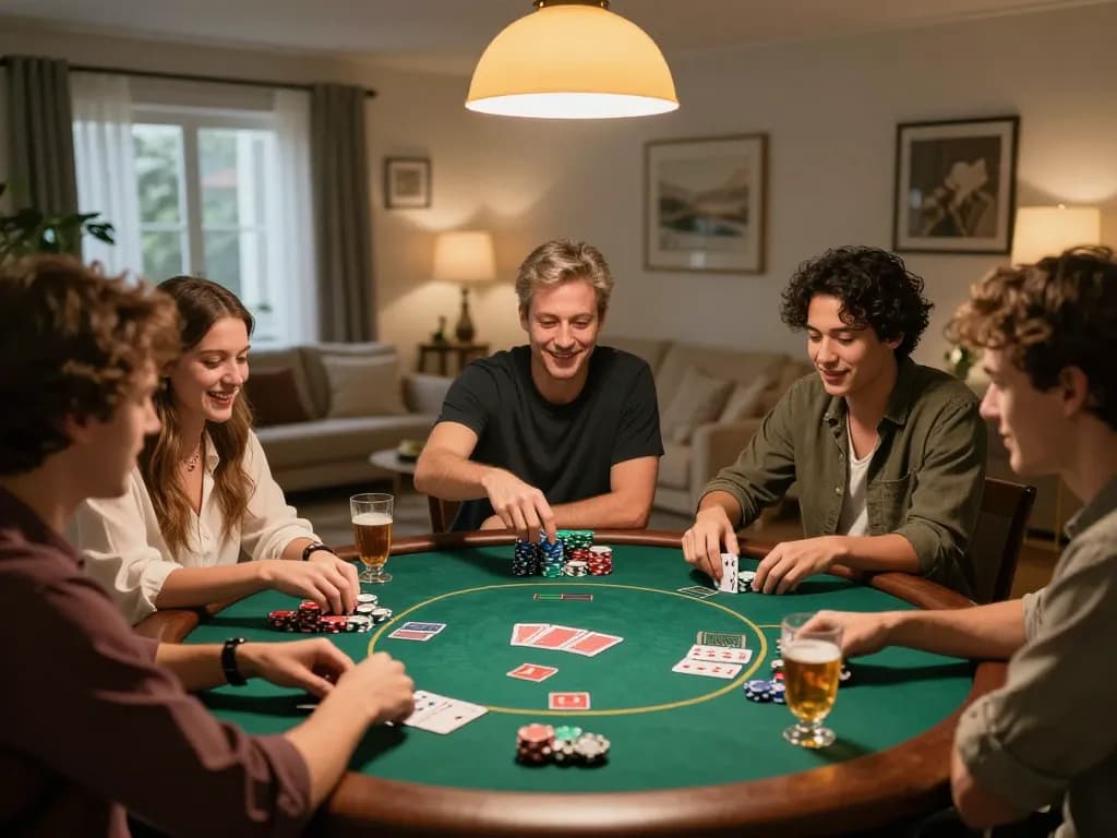 Engaged friends enjoy poker game in cozy home setup at trang chủ uu88, showcasing strategic play.