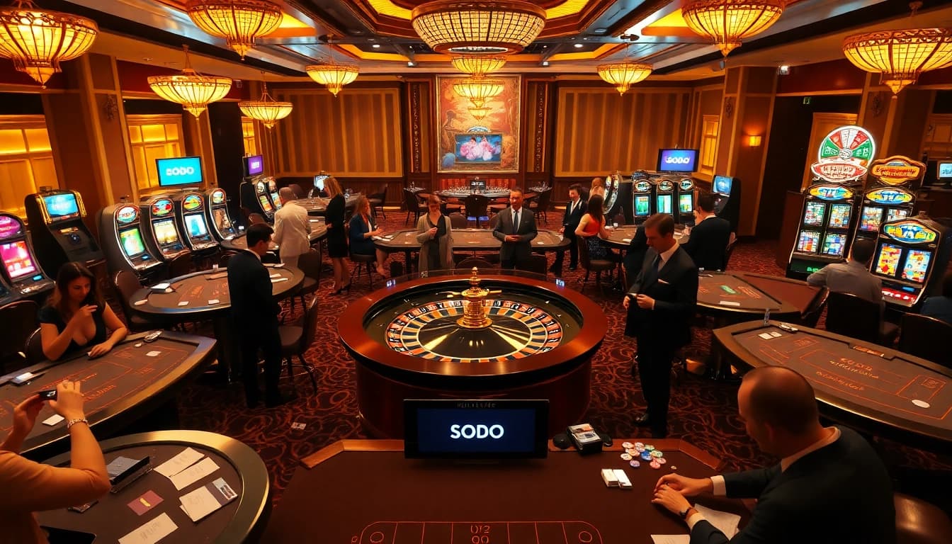 Experience the thrill of SODO casino action with players at roulette and vibrant slot machines.