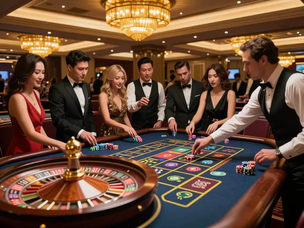 Experience the thrill of pengeluaran singapore at a luxurious roulette table with players engaged in high-stakes action.
