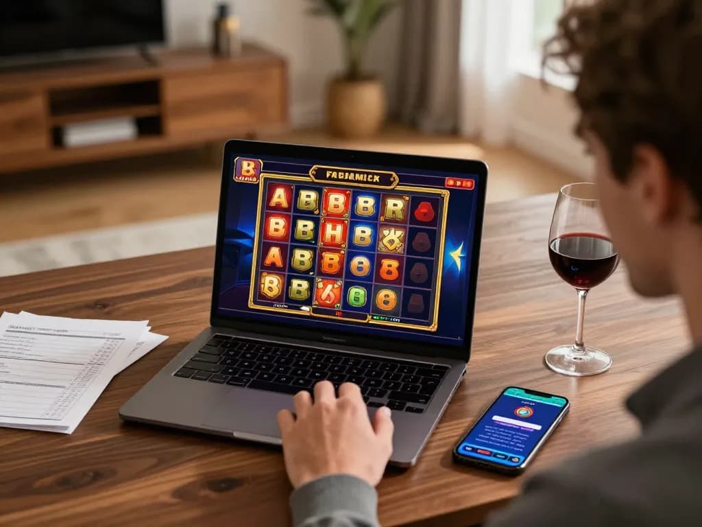 LIGA2000 player engaging with online slot game interface at a stylish home setup
