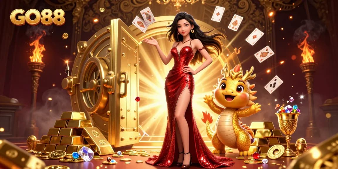 Engage with GO88 in a dazzling casino-themed spectacle featuring a glamorous woman and golden treasures.