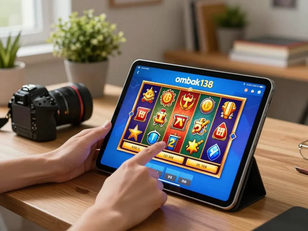 Rasakan aksi permainan seluler ombak138 dengan seorang pengguna yang terlibat dalam slot yang mendebarkan di tablet.