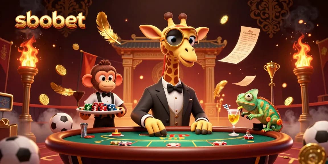 SBOBET promotes dynamic sports betting with a 3D giraffe in a luxurious setting, showcasing energy and excitement.