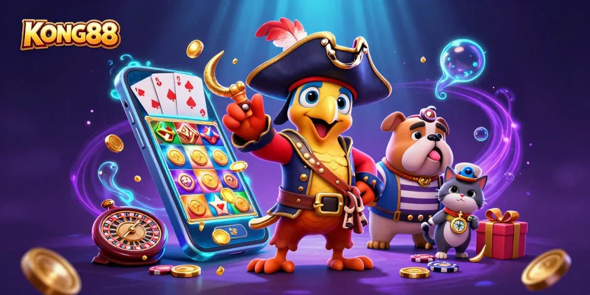KONG88 pirate-themed slots adventure with vibrant characters and dynamic casino elements